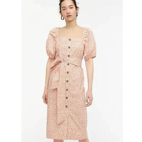 J. Crew Cottage Midi Dress Size Small Leopard Print Puff Sleeve Preppy Pink - Picture 1 of 11